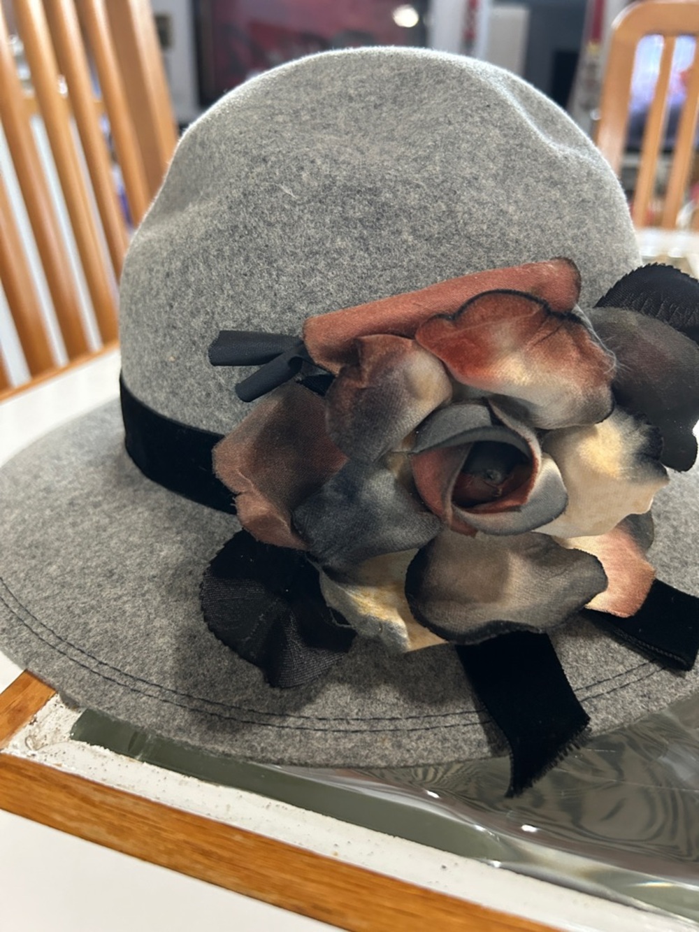 betmar Gray Felt Cloche Hat with Multitone Floral Accent